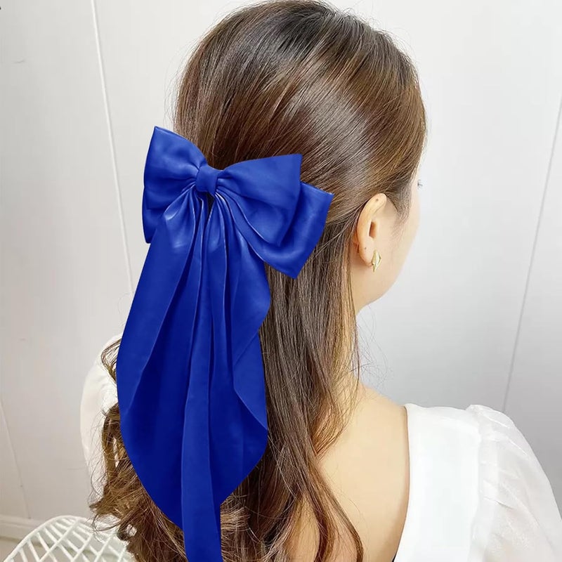 illpta Hair Bow for Girls,Cute Bow Hair Clips for Women Oversized Satin Hair clips Long Ribbon Hair Accessories Gifts for Girl (Royal Blue) - Image 2